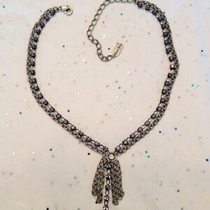 CLARA BEAU VINTAGE CUPPED TANZANITE CRYSTAL W/ SILVER TONE CHAINS NECKLACE